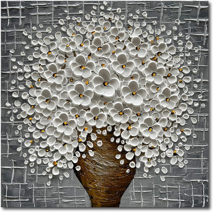 Epicler Hand-Painted 3D Abstract Modern Oil Painting Wall Art,24x24 Inch White Flower Painting, Flower Wall Art Painting,Living Room Bedroom Wall Decoration Oil Painting Ready to Hang