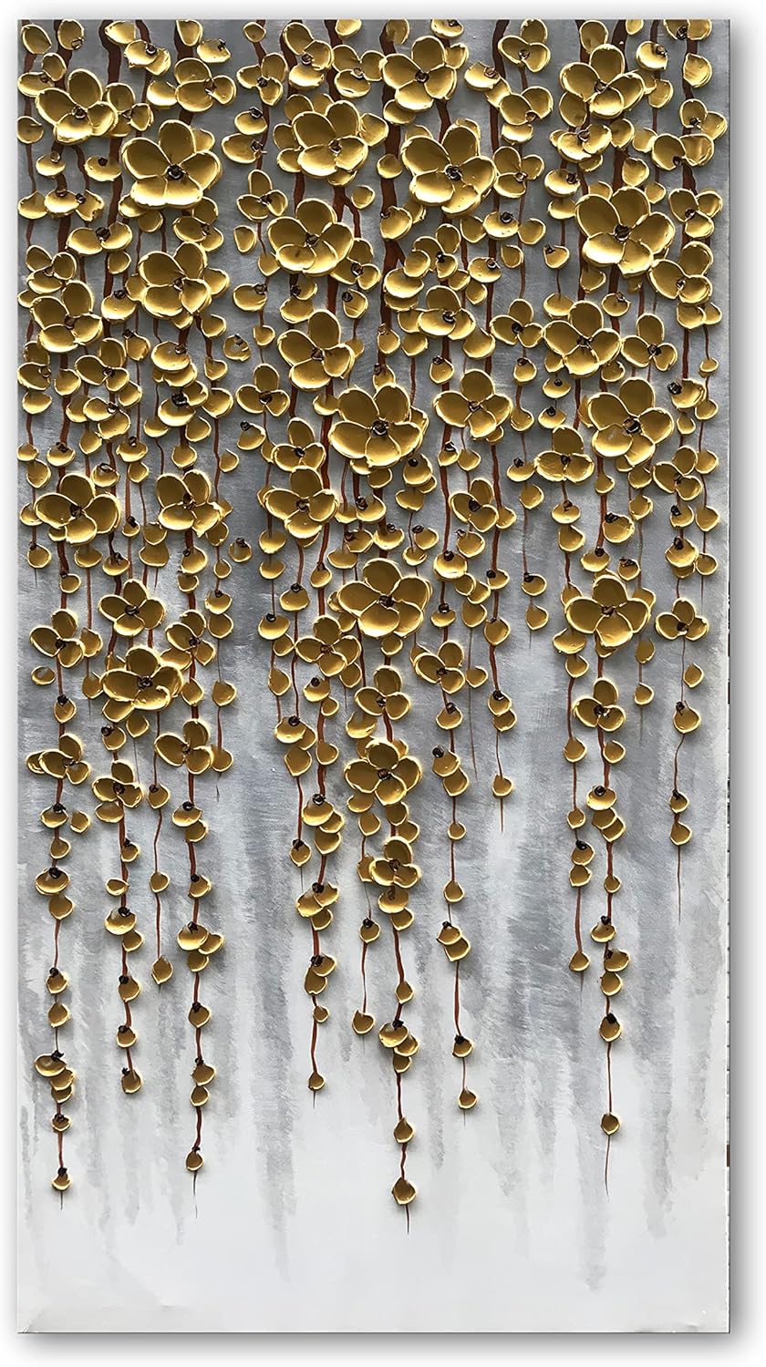 3D Vertical Abstract Canvas Oil Painting Wall Art, 116x57cm Golden Flower Painting Wall Art, Home Living Room Wall Decoration Abstract Painting Art