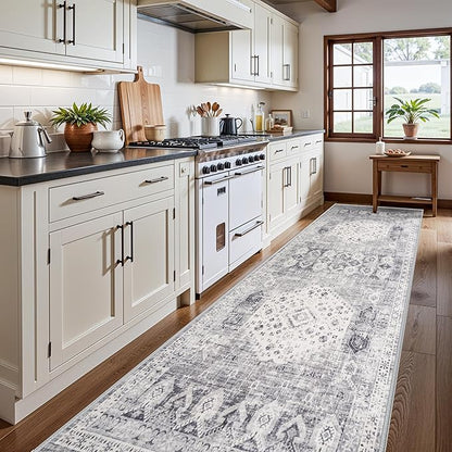 4x12 Washable Kitchen Runner Rug - Wide Indoor Entryway Hallway Rugs with Non Slip Backing Vintage Low Pile Carpet for Bedroom Laundry Ultra Soft Home Decor Floor Mat for Bathroom (Grey,4x12)