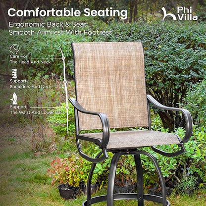 PHI Villa Outdoor Swivel Bar Stools Set of 6, Counter Height Patio Chairs with Waterproof Textile Fabric Brown, Rustproof Metal Frame & Circular Footrest for Poolside, Garden, Yard