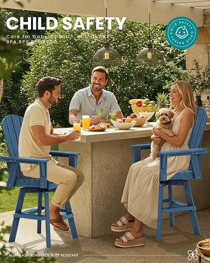 SERWALL Swivel Adirondack Bar Chairs Set of 4, HDPE Outdoor Swivel Barstools Chairs Set of 4 for Bistro, Poolside, Garden, Blue