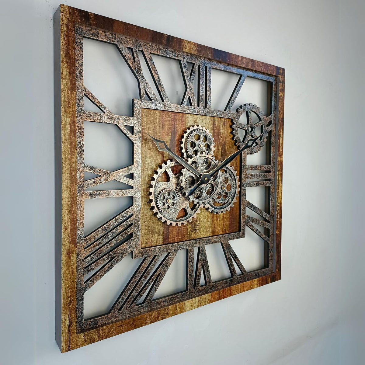 The Gears Clock 24'' Inch Square Real Moving Gear Wall Clock Vintage Industrial Oversized Rustic Farmhouse (Vintage Brown)