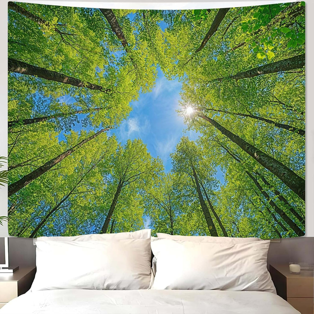 AMM Nature Forest Tree Celling Tapestry Lush Green Treetops Sunlit Tapestry for Bedroom Aesthetic Sky Sunlight Canopy Leaves Landscape Tapestries Wall Hanging for Living Room Dorm Office 80 x 60 Inch