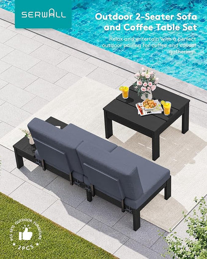 SERWALL HDPE Outdoor Furniture Set, Loveseat and Coffee Table, All Weather Patio Sofas, Seats 2, Outdoor Sectional Sofa for Backyard, Balcony, Black Frame with Grey Cushion