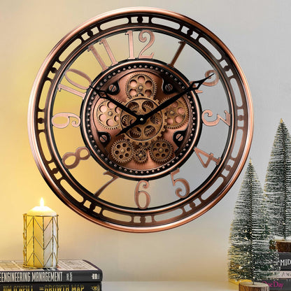 CLXEAST 21 Inch Moving Gear Wall Clock for Modern Farmhouse Living Room Decor,Large Industrial Steampunk Wall Clock for Home Office,Metal Copper Finished,House Warming Gifts New Home