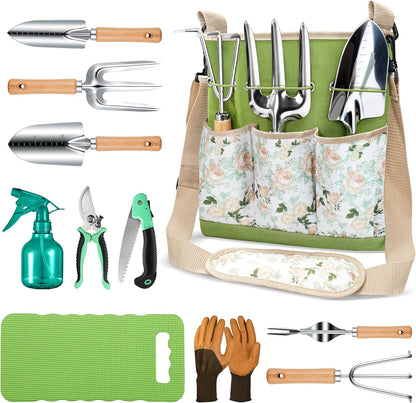 All-in-One Garden Tool Set, 11-Piece Heavy Duty Gardening Tools with Ergonomic Canvas Shoulder Crossbody Bag, Rust-Proof Premium Garden Tool Kit, Gardening Gift for Women Men, Green, GR003