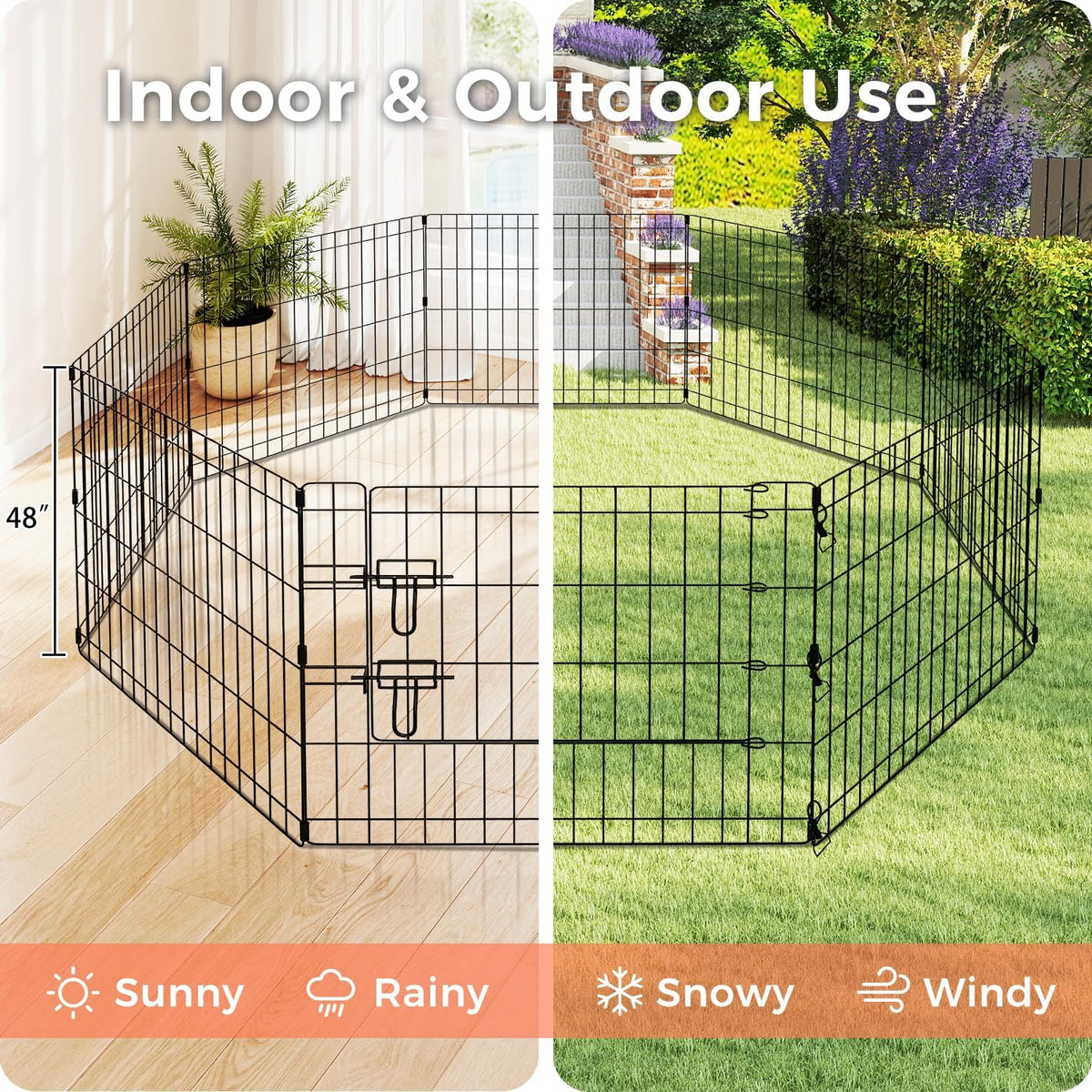 Foldable Dog Playpen 48" Height 8 Panels Metal Exercise Pen with Door - Indoor/Outdoor Dog Play Pen for Medium-Large Dogs, Portable Pet Fence for Yard Garden Camping, Black