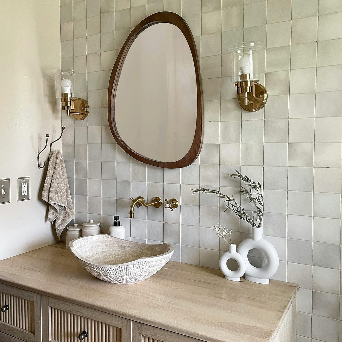 Irregular Wood Frame Boho Mirror - Large Wall Mounted Accent, Asymmetrical, Modern Aesthetic Wall Decor for Bedroom, Entryway, Living Room, Bathroom (Brown)