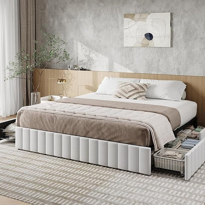 Allewie King Size Platform Bed Frame with 4 Large Storage Drawers, Velvet Vertical Channel Tufted Upholstered Bed Base, Wooden Slats Support, Noise-Free, No Box Spring Needed, Easy Assembly, White