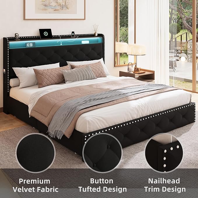 BRELTAM Black Queen Size Bed Frame with LED Light and Charging Station,Upholstered Velvet Tufed Bed Frame with 4 Storaged Drawers Platform Bed Frame with Headboard Heavy Duty Wood Slats, Noise Free