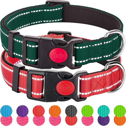 2 Pack Reflective Dog Collars for Medium Dogs Girl Boys,Female Male,Nylon Dog Collars for Puppy Small Large Dog with Quick Release Safety Buckle, Durable Padded Soft Neoprene Collar,Red,Holly Green,M