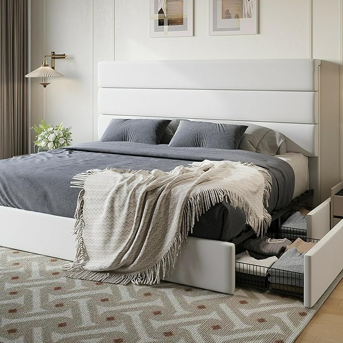 SHA CERLIN King Size Platform Bed Frame with 4 Storage Drawers, Velvet Upholstered Headboard, Mattress Foundation with Wooden Slats Support, No Box Spring Needed, Easy Assembly, White