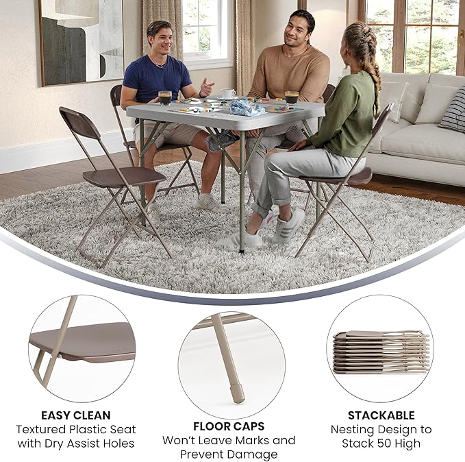 Flash Furniture Hercules Series Plastic Folding Chair - Brown - 4 Pack 650LB Weight Capacity Comfortable Event Chair-Lightweight Folding Chair
