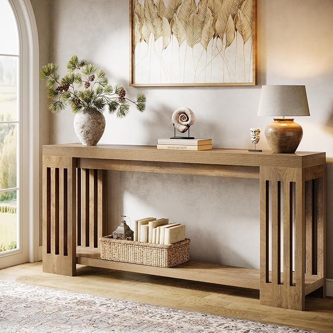 Tribesigns 70.9-Inch Extra Long Entryway Table, Farmhouse Sofa Console Table with Vertical Stripe Legs, 2-Tier Entry Furniture for Living Room, Hallway, Entrance (Light Brown)