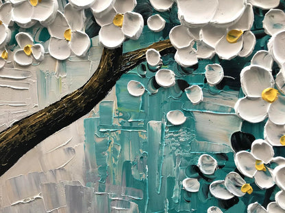 3D Abstract Art Oil Painting White Flower Tree Painting Textured Palette Knife White Flower Painting Modern Canvas Wall Art Home Decoration Home Painting (24x48 inches)