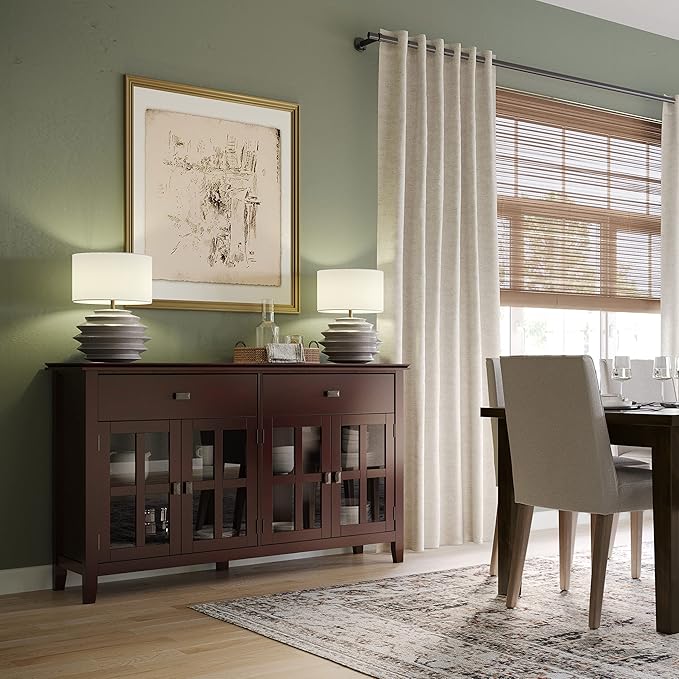SIMPLIHOME Artisan Buffet - 60 inch Wide Solid Wood 4-Door Sideboard Buffet in Russet Brown, Transitional Storage Cabinet for Dining Room or Kitchen with Adjustable Shelves and Square Knobs