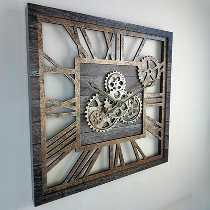 The Gears Clock 24'' Inch Square Real Moving Gear Wall Clock Vintage Industrial Oversized Rustic Farmhouse (Carbon Grey)