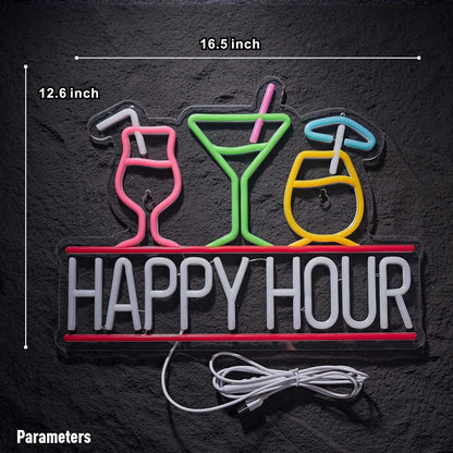 Happy Hour Neon Sign for Wall Decor Beer Bar Signs, USB Powered Dimmable LED Art Lights for Bar Pub Man Cave Party Club