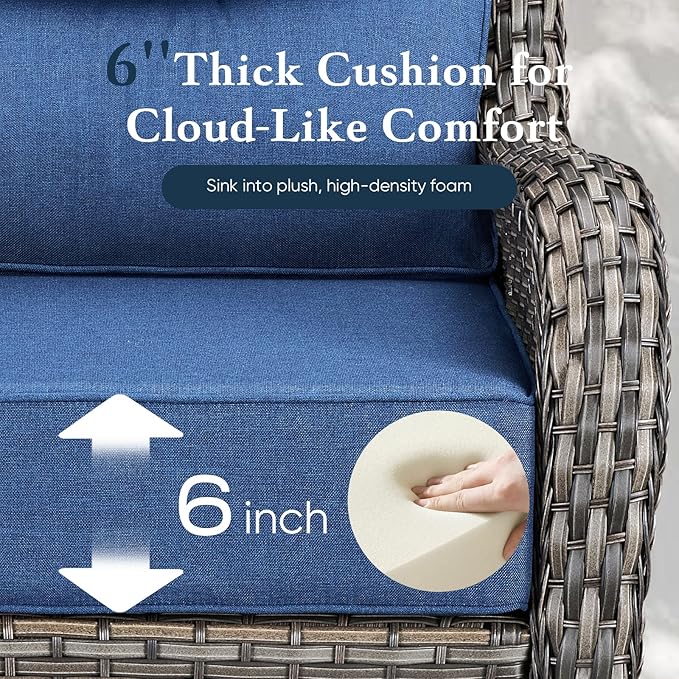 Belord Luxury 6" Thick Cushioned 5 Pieces Patio Furniture Set with Fire Pit Table, Wicker Outdoor Conversation Set with High Back Swivel Rocker Chairs for Deck Porch Yard and Poolside - Grey+Blue