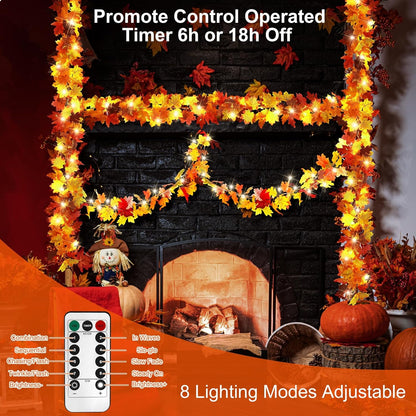 Aneco 2 Pack 5.74 Feet Each Maple Leaves Garlands with 8 Lighting Modes LED String Lights Artificial Maple Leaf Fall Decorations for Home Indoor Outdoor Thanksgiving Halloween Decor, Total 11.5 Feet