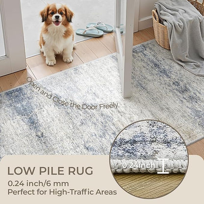 Kitchen Runner Rug Non Slip - 2.5 x 8 Runners for Hallways, Entryway, Bedroom, Washable Runner Rugs for Bathroom, Laundry Room, Low Pile Soft Vintage Area Rug(2.5'x8', Blue/Brown/Ivory)