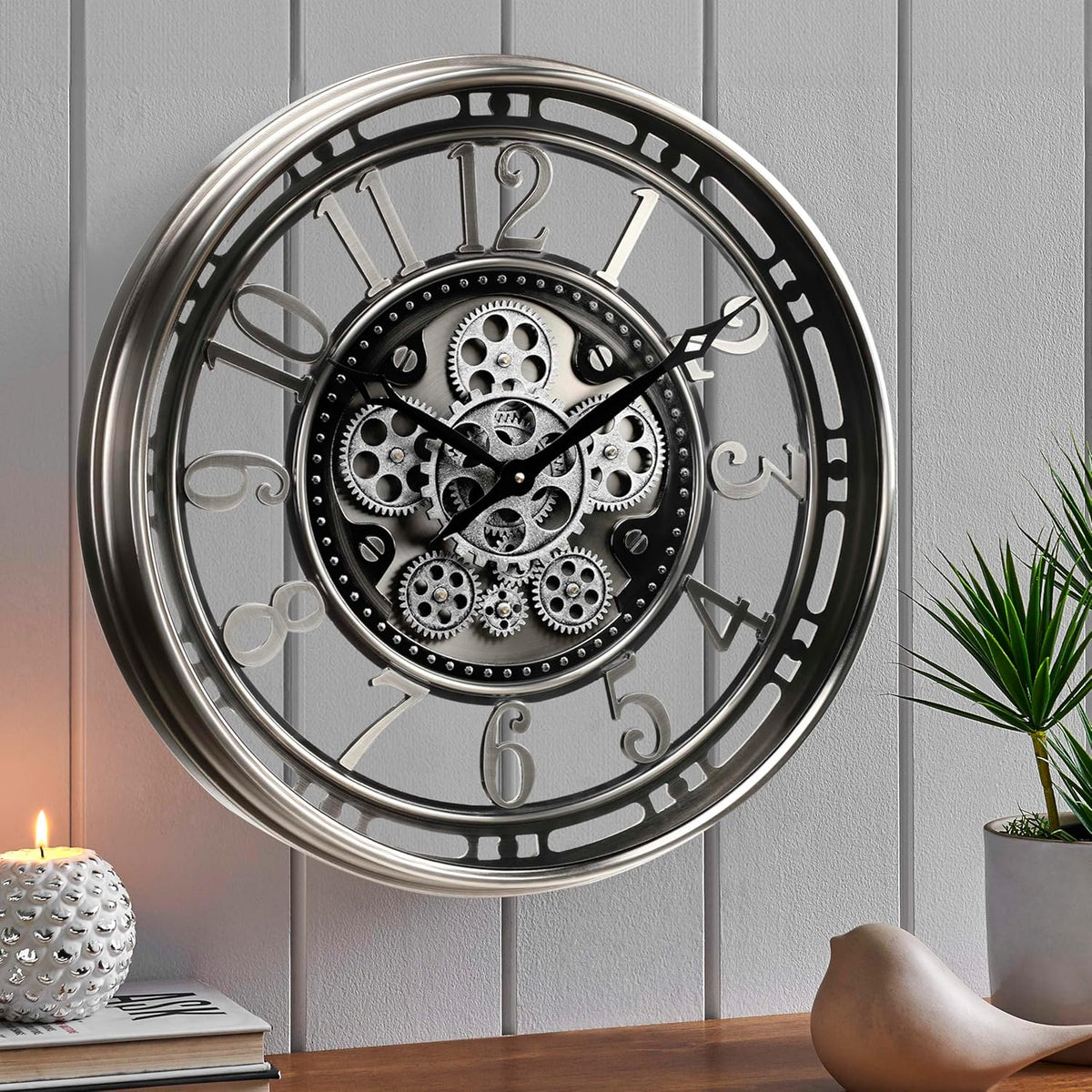 CLXEAST 21 Inch Large Moving Gear Wall Clock,Industrial Steampunk Decor,Decorative Wall Clock for Modern Farmhouse Living Room Decor,Gunmetal Silver Finish