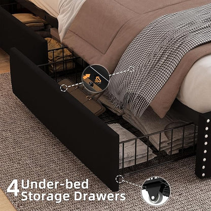 BRELTAM Black Queen Size Bed Frame with LED Light and Charging Station,Upholstered Velvet Tufed Bed Frame with 4 Storaged Drawers Platform Bed Frame with Headboard Heavy Duty Wood Slats, Noise Free