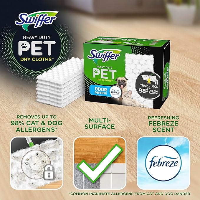 Swiffer Sweeper Pet Heavy Duty Dry Multi-Surface Cloth Refills for Floor Sweeping and Cleaning, Febreze Freshness, 10 Count