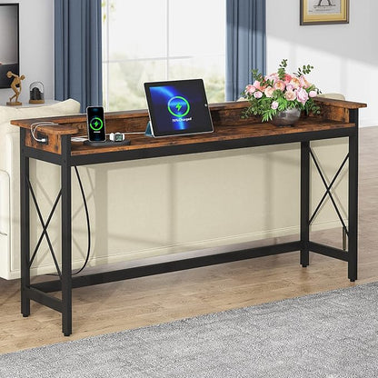 Tribesigns Sofa Table with Outlets and USB Ports, 70.9 inch Extra Long Console Table Behind Couch with Charging Station, Industrial Narrow Entryway Hallway Accent Table for Living Room