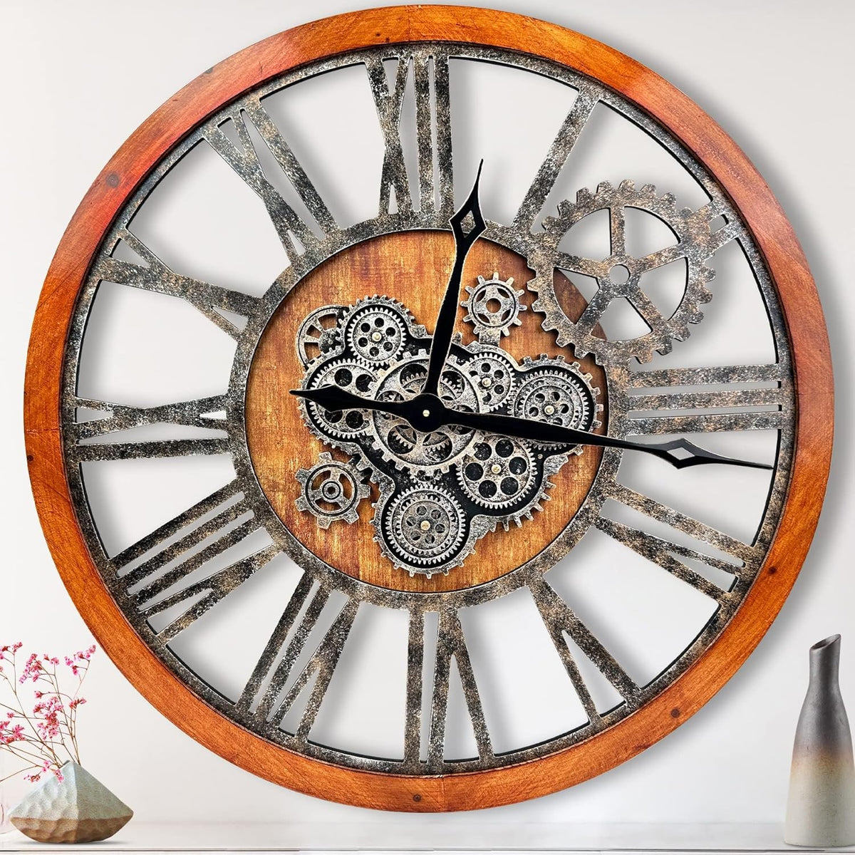The B-Style Large Wall Clock 24 inch Moving Gear Wall Clock Oversized Vintage Farmhouse Wall Clocks for Living Room Decor Rustic Industrial Wood Clock (Brwon with Bronze Gears2, 30 inch/76cm)