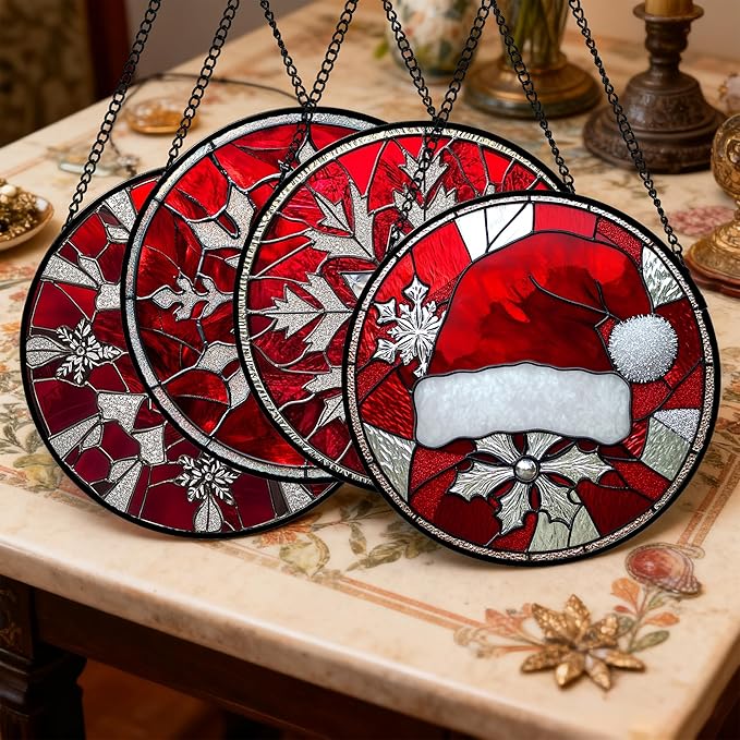Stained Glass Window Hanging 4 Pcs Set Red Christmas Decorations Theme 6.3" - Suncatcher Door Garden Sun Catcher Decor Birthday for Mom Woman Nana Men Friend Wife