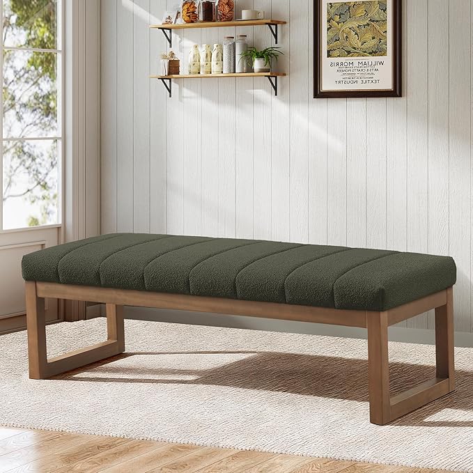 52.7" Bedroom Bench for End of Bed, Modern Upholstered Teddy Fabric Entryway Bench & Dining Bench, Footrest Stool Bench with Solid Wood Frame for Bedroom, Living Room (Green)