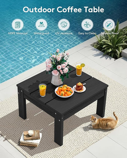 SERWALL HDPE Outdoor Furniture Set, Loveseat and Coffee Table, All Weather Patio Sofas, Seats 2, Outdoor Sectional Sofa for Backyard, Balcony, Black Frame with Grey Cushion