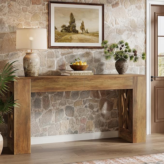 Tribesigns 63-Inch Long Console Table, Farmhouse Entryway Table with 2 Drawers and X-Shaped Legs, Narrow Sofa Furniture Behind The Couch for Entrance, Hallway, Living Room, Warm Brown