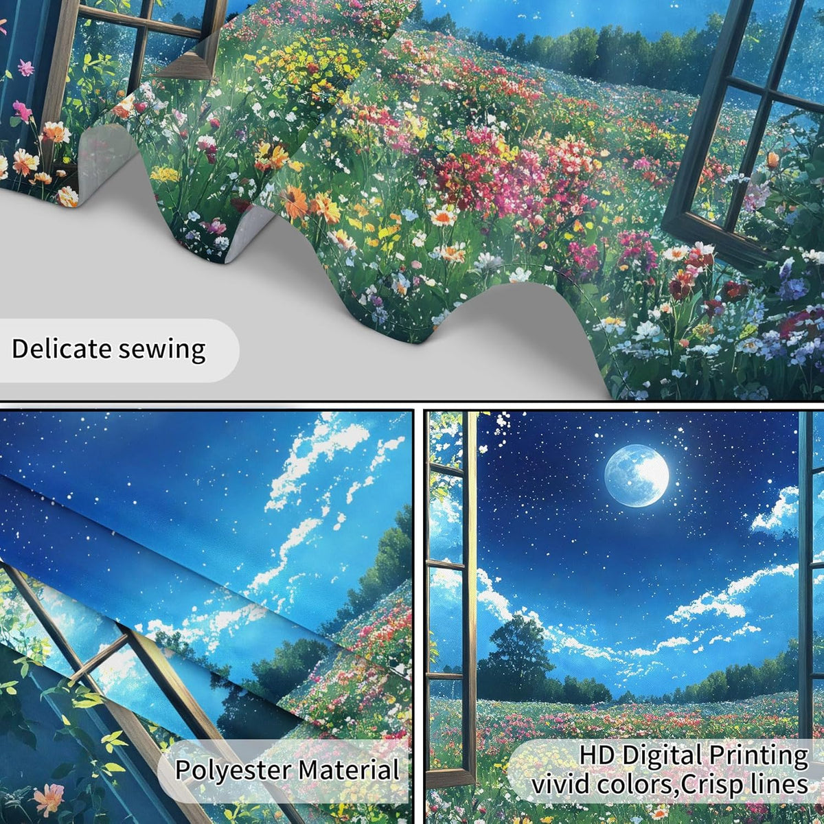 LB Wildflower Moon Tapestry, Green Plant Outside Window and Colorful Floral Wall Tapestry for Bedroom, Garden Wall Art for Living Room Dorm Home Decor Ready to Hanging, 92.5 x 70.9 Inches