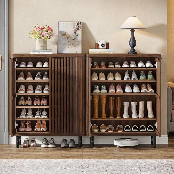 Tribesigns Shoe Cabinet with Shutter Doors, 6-Tier Entryway Shoe Cabinet with Adjustable Shelves, Wooden Modern Rack Organizer for Entryway, Hallway, Closet, Living Room, Dark Walnut