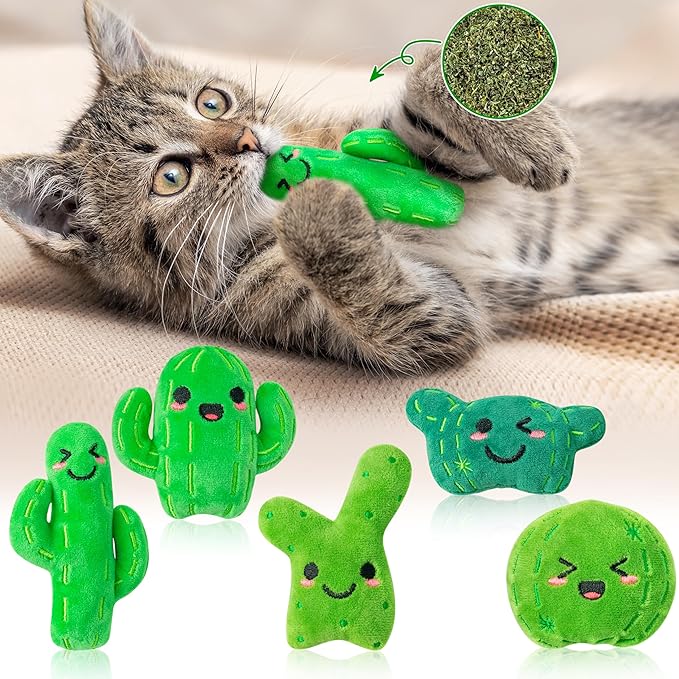 MALLMALL6 Catnip Toys for Cat - 5Pcs Cactus Prickly Plants Catmint Interactive Kitten Toy for Indoor Cats, Cute Soft Green Pet Supplies for Kitty Lover Gifts, Kitten Teething Chew Presents Set