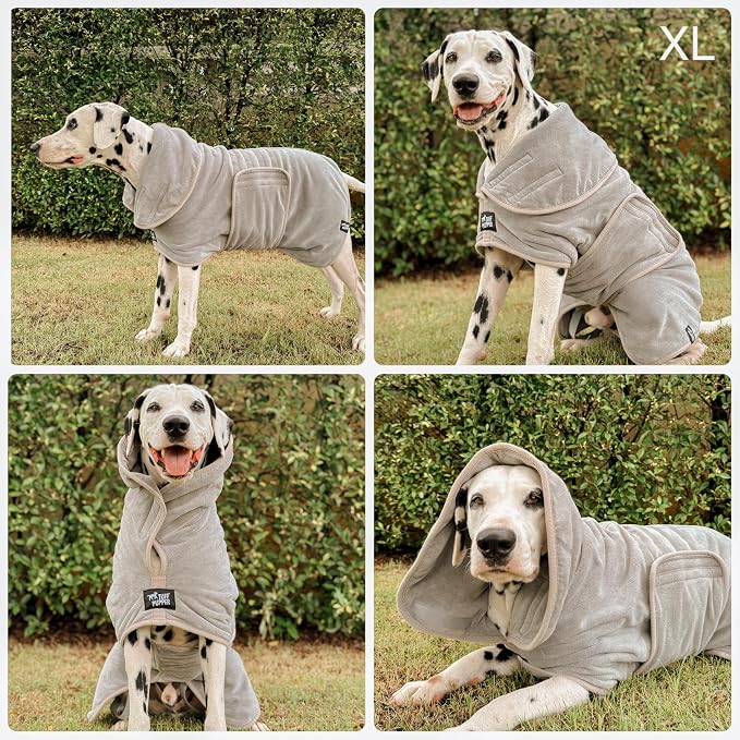 Tuff Pupper Fast Drying Dog Bath Robe | 800 GSM Plush Dog Towel Bathrobe/Dressing Gown | Super Absorbent Pet/Puppy Bathrobe | Adjustable Hood & Belly Strap | Super Soft | Fast Drying (XL, Gray)