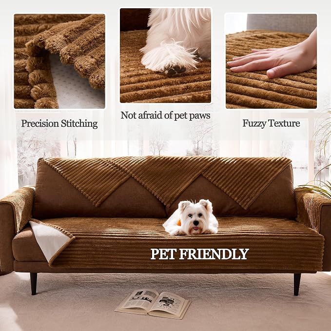 Dual Non-Slip Couch Cover for Dogs Waterproof, Fuzzy Soft Pet Couch Covers for Sofa 3 Cushion, Pet Friendly Soft Dog Bed Covers Sofa Cover Washable (Coconut, 33" x 85" 1 Pack)