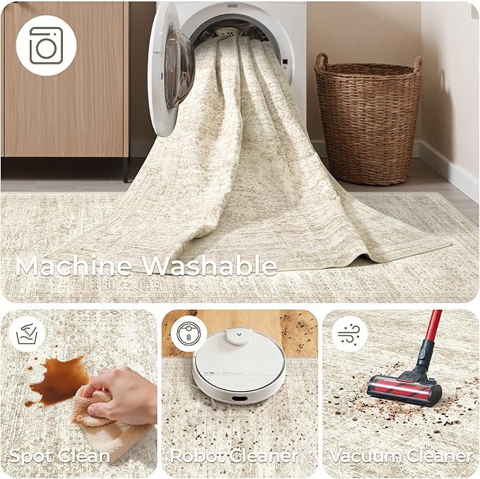 Washable Runner Rug 2.5x14, Non-Slip Long Hallway Runner for Entryway, Soft Vintage Kitchen Mats for Floor, Abstract Dining Room, Bedroom, Living Room Rugs(2.5'x14', Beige/Ivory)