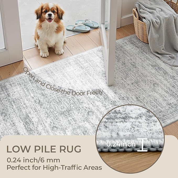 2x5 Rug Runner Washable for Entryway, Soft Bathroom Rugs with Non-Slip Backing, Abstract Low Pile Hallway Runner, Vintage Small Kitchen Carpet for Stair, Laundry Room(2'x5', Grey/Ivory)
