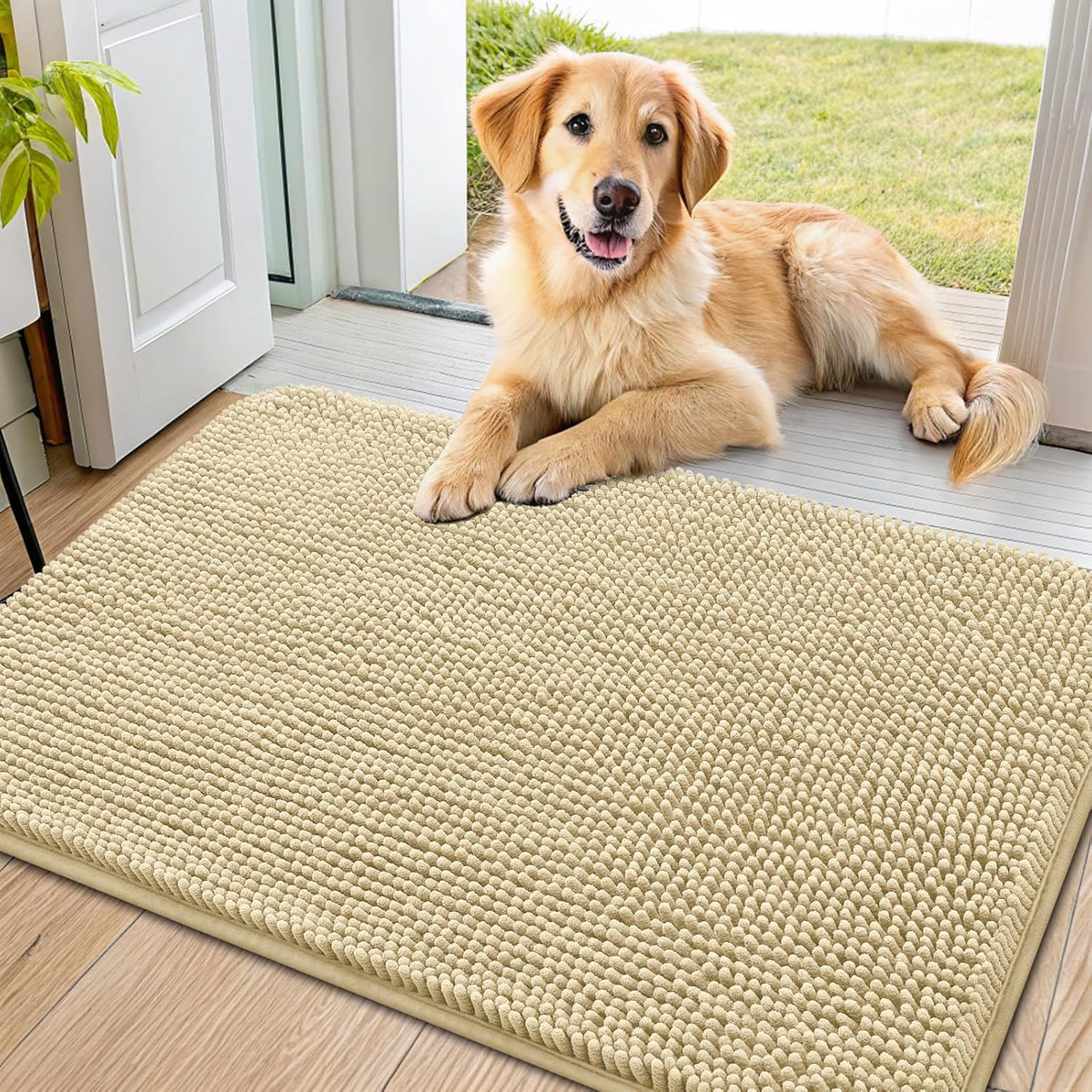 Smiry Dog Door Mat for Muddy Paws 36x24, Absorbs Moisture and Dirt Doormat, Non-Slip Washable Quick Dry Chenille Front Door Mat Indoor Entrance, Entryway Carpet for Inside Floor, Cream White