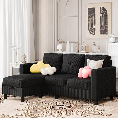 SUNLEI Convertible Sectional Couch Sofa for Small Spaces, L Shaped Modular Sofa with Removable Ottoman Storage, 3 Seat Modern Small Couches for Living Room in Apartment, Black