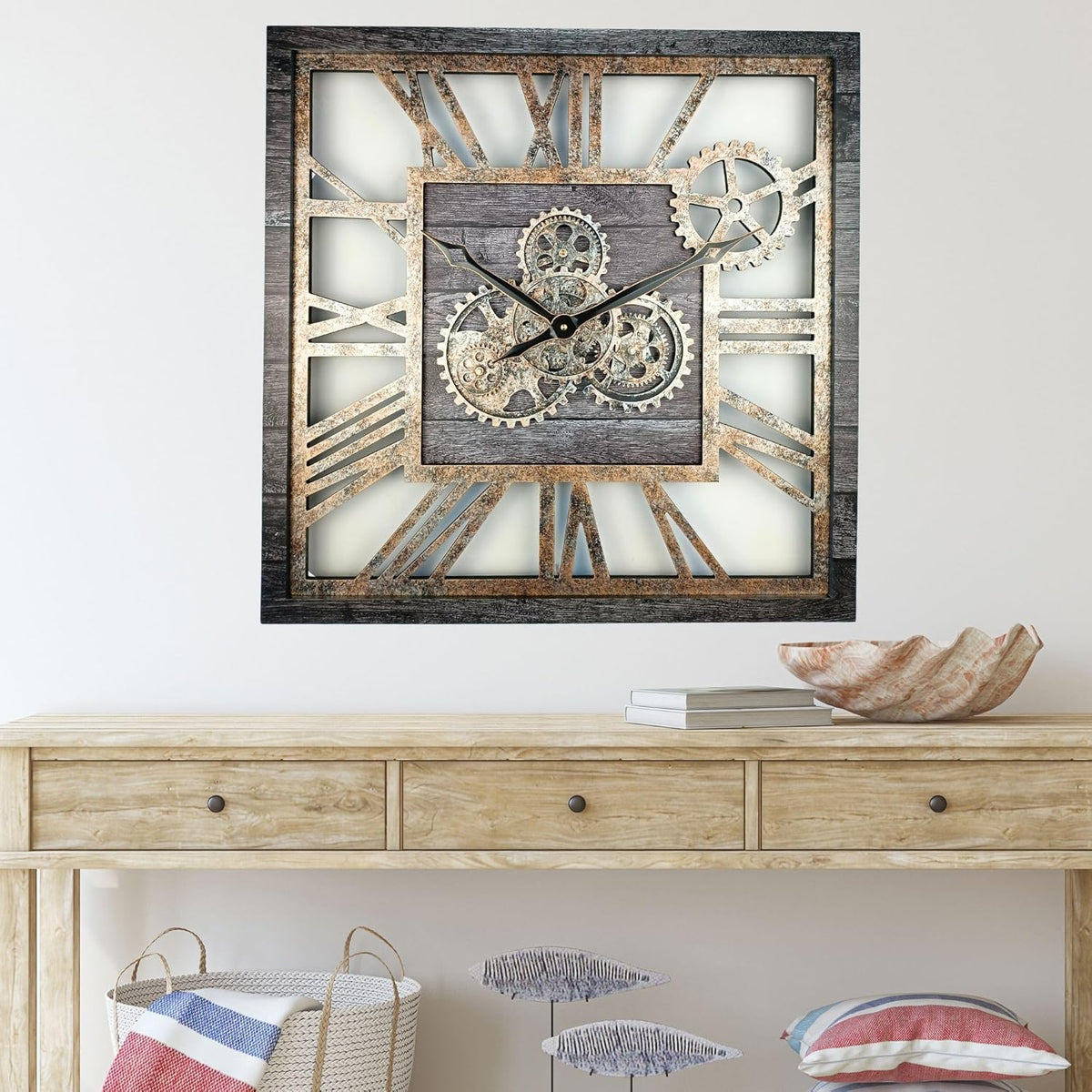 The Gears Clock 24'' Inch Square Real Moving Gear Wall Clock Vintage Industrial Oversized Rustic Farmhouse (Carbon Grey)