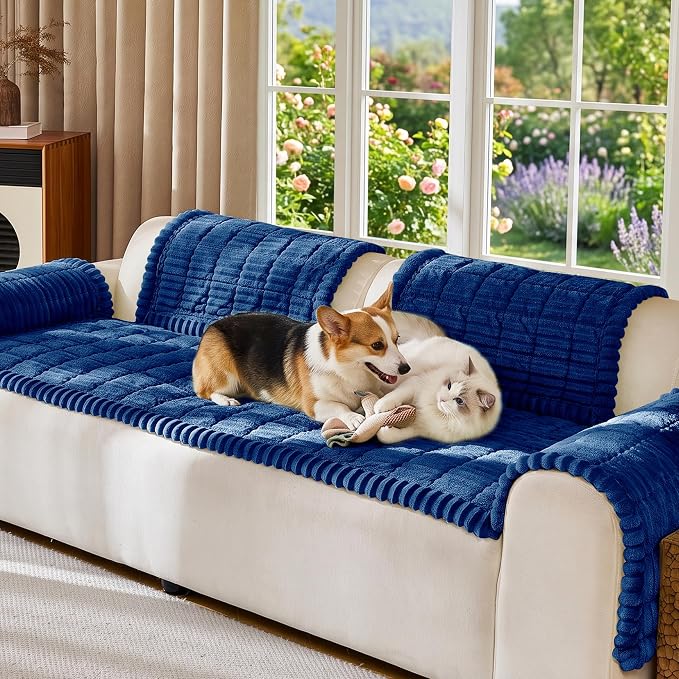 FUANGUI Waterproof Couch Cover Sofa Cover for Dogs and Pets Sofa Protector | Non-Slip Washable Fuzzy Soft Cat Bed Sofa Slipcover for 2-3 Cushion Couch Sofa Pet Friendly, Navy Blue, 27.6" x 82.7", 1 pcs
