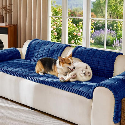 FUANGUI Waterproof Couch Cover Sofa Cover for Dogs and Pets Sofa Protector | Non-Slip Washable Fuzzy Soft Cat Bed Sofa Slipcover for 2-3 Cushion Couch Sofa Pet Friendly, Navy Blue, 27.6" x 82.7", 1 pcs