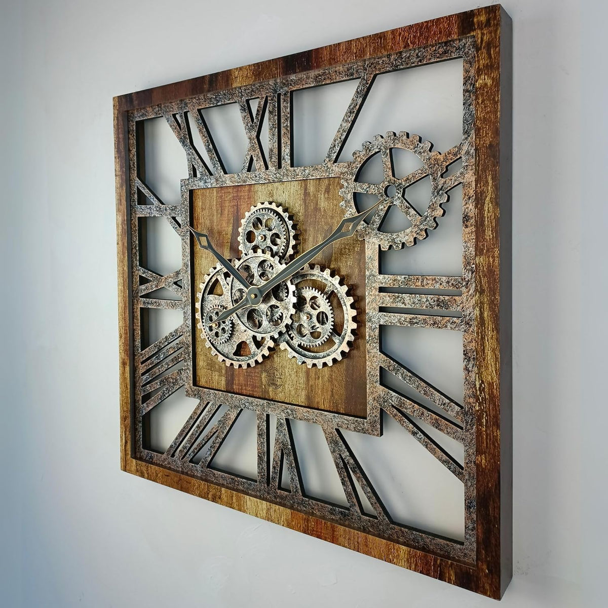The Gears Clock 24'' Inch Square Real Moving Gear Wall Clock Vintage Industrial Oversized Rustic Farmhouse (Vintage Brown)