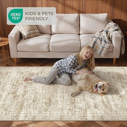 3x10 Runner Rug Non Slip Washable for Entryway, Vintage Hallway Runner for Front Porch, Laundry Room, Bedroom, Abstract Stain Resistant Thin Indoor Kitchen Mats for Floor(3'x10', Brown/Ivory)