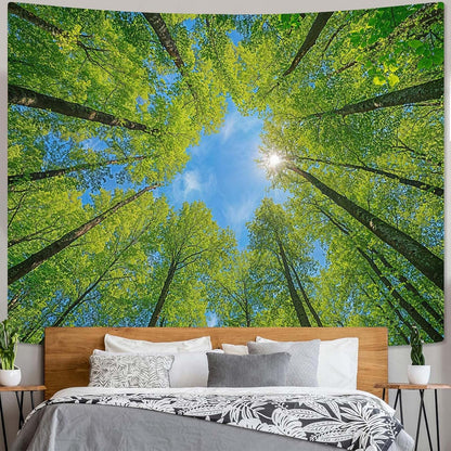 AMM Nature Forest Tree Celling Tapestry Lush Green Treetops Sunlit Tapestry for Bedroom Aesthetic Sky Sunlight Canopy Leaves Landscape Tapestries Wall Hanging for Living Room Dorm Office 48 x 36 Inch