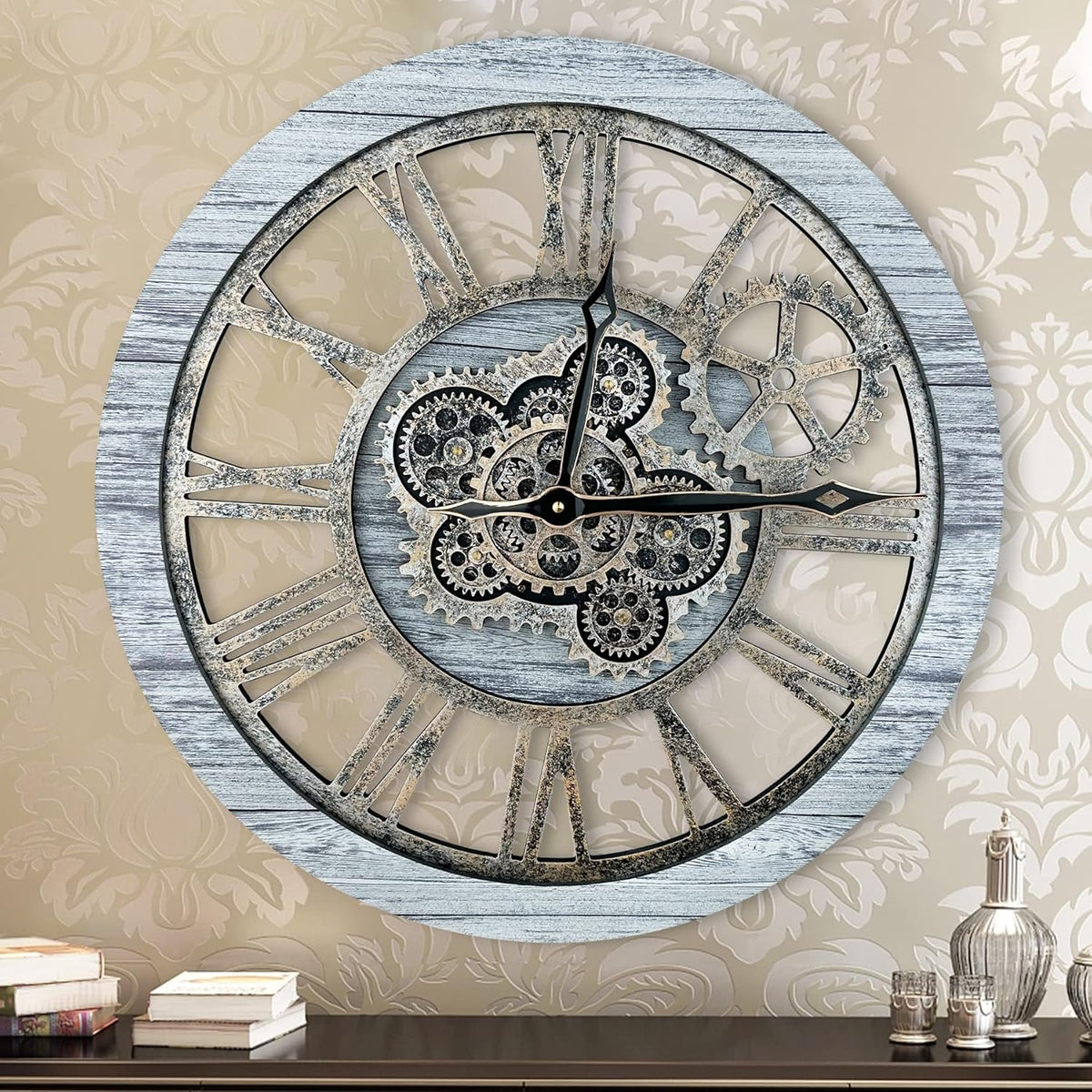 HOIBAI Large Wall Clock, Wall Clocks for Living Room Decor Farmhouse Vintage Rustic Kitchen Wall Decor Vintage Roman Big Oversized Wall Clock for Home Bedroom House Office, Moving Gears Clock